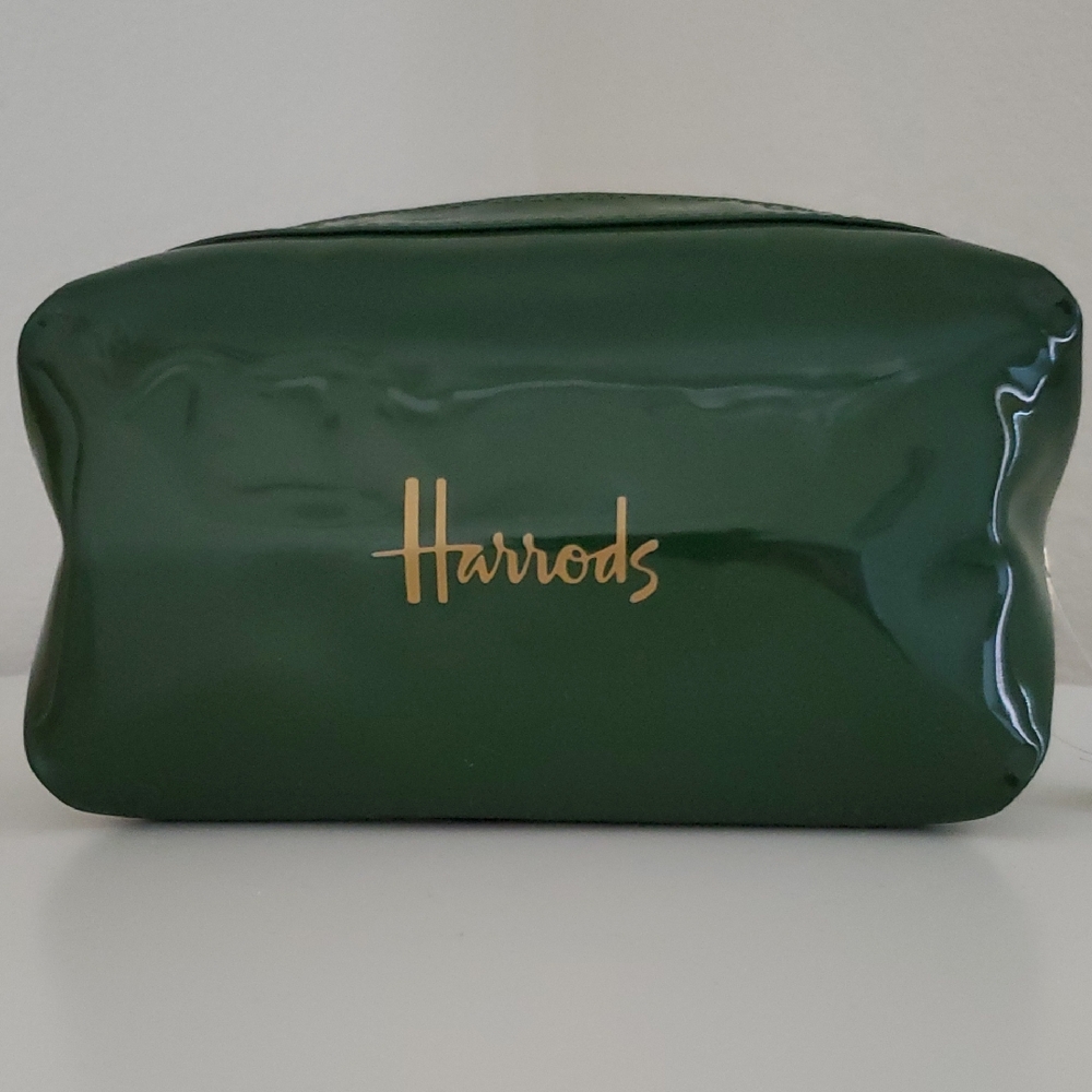 Harrods Emerald Green Patent Make-Up Pouch with Gold Logo, New